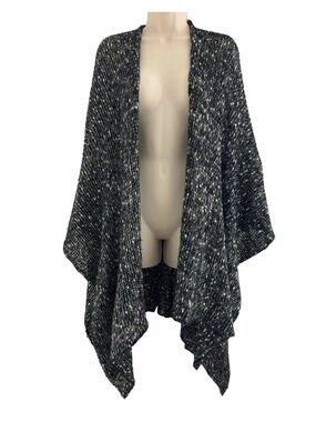 Avenue Black Gold Silver Metallic Ruana Wrap One Size Knit Shawl Sweater Plus Sz